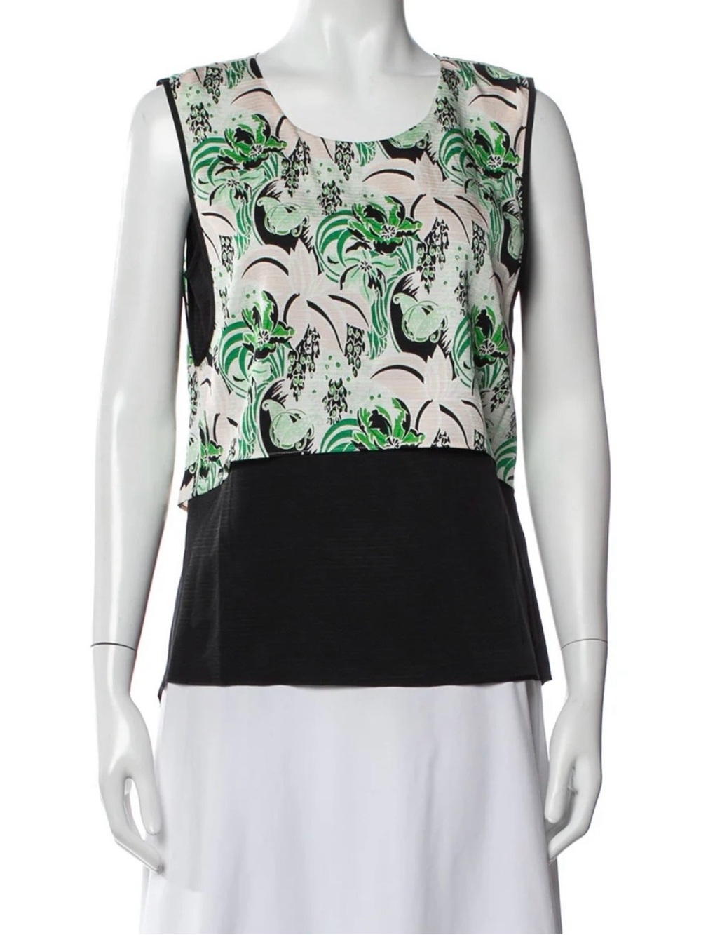 Veronica Beard Sleeveless Layered Tank with Green Floral Print on Cream & Black